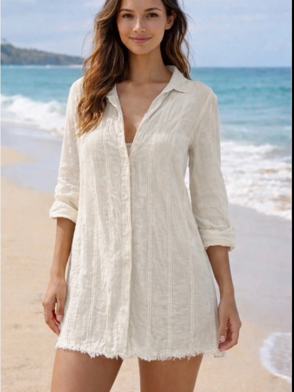 NWT blue island Cream Linen Button-Front Beach Tunic Cover-Up M